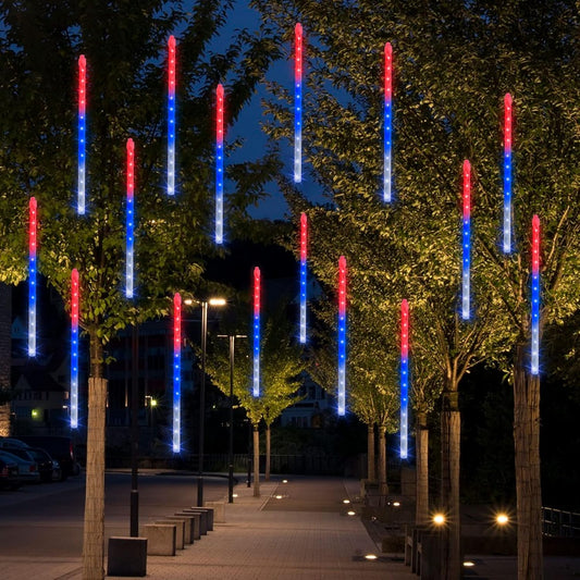 Dazzle Bright 4th of July Lights Decorations, 288LED Red Blue and White Meteor Shower Rain Lights 12Inch 8 Tubes, Waterproof Plug in Falling Rain Light Independence Day for Outdoor Yard