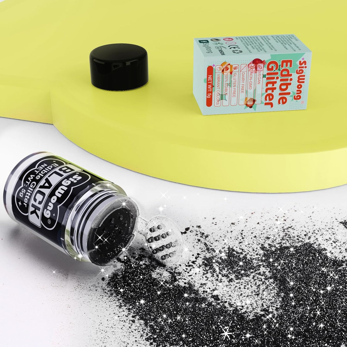 Black Edible Glitter - 5g Food Grade Cake Decorating Shimmering Glitter, Edible Sprinkle Luster Dust for Drinks, Chocolates, Fondant, Strawberries, Cupcakes, Candy, Cookie - Vegan
