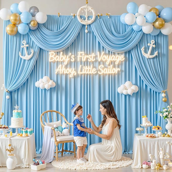 50 ft x 10 ft Wrinkle Free Blue Backdrop Curtain Panels, Polyester Photography - Image 8