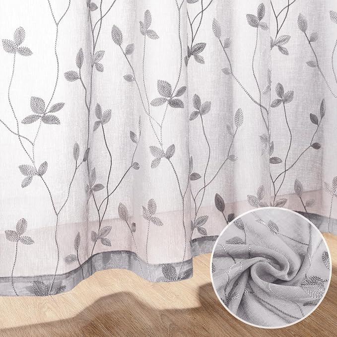 HOMEIDEAS Light Grey Sheer Curtains 2 Panels, Embroidered Vine Leaf, W52xL84 | - Image 7