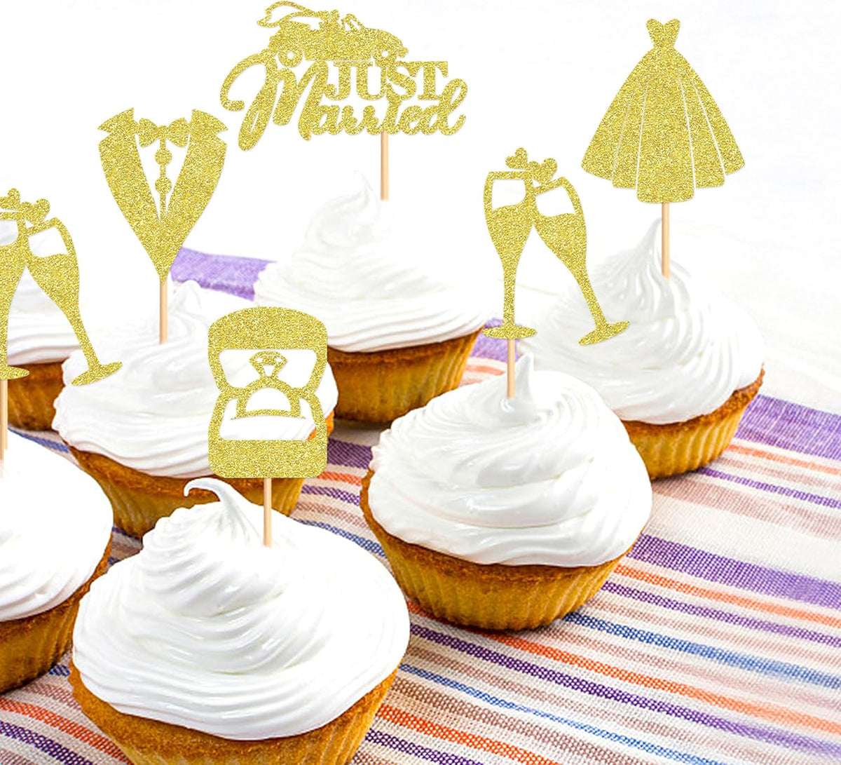 25 Pcs Bride and Groom Cupcake Toppers Wedding Dress Diamond Ring Cupcake Picks Bridal Shower Wedding Engagement Anniversary Party Cake Decorations Supplies golden