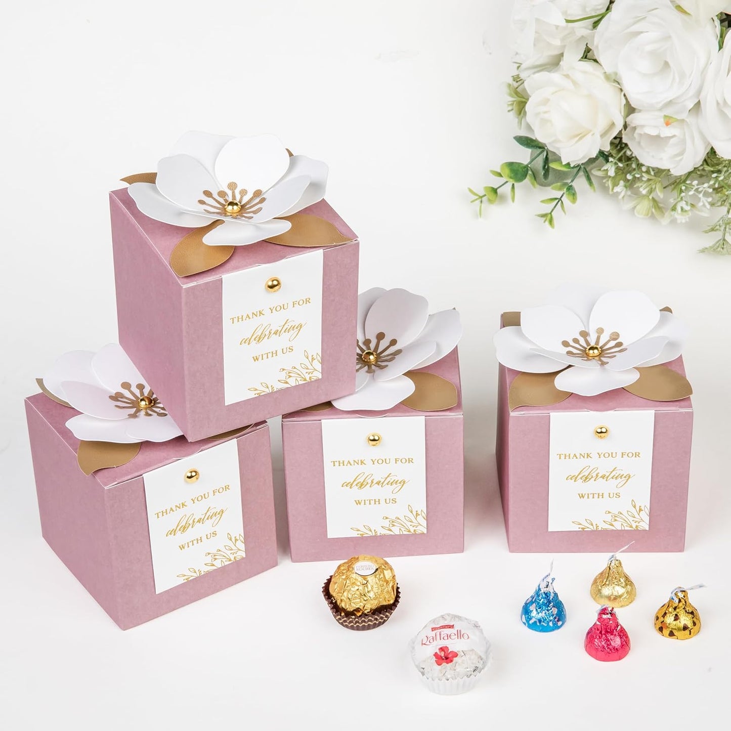 FEIYI 20 PCS Dusty Rose Gift Boxes, 3 In 1 Favor Boxes with Floral Decor, White Thank You Tags Cupcake Containers Gift wrapping for Wedding, Baby Shower, Birthday, Decorations Party - 3.55x3.55x3.55