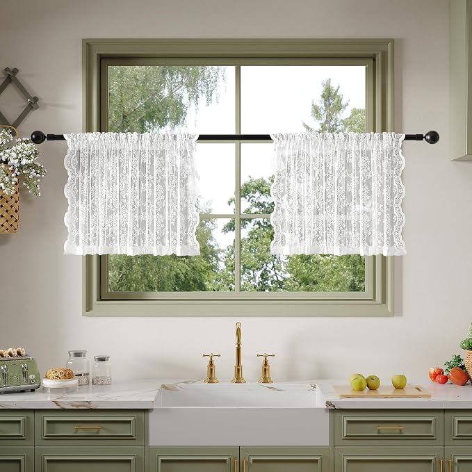 Anmao Vintage Lace Kitchen Curtains 18 Inches Long 2 Panels, Romantic Semi by Anmao