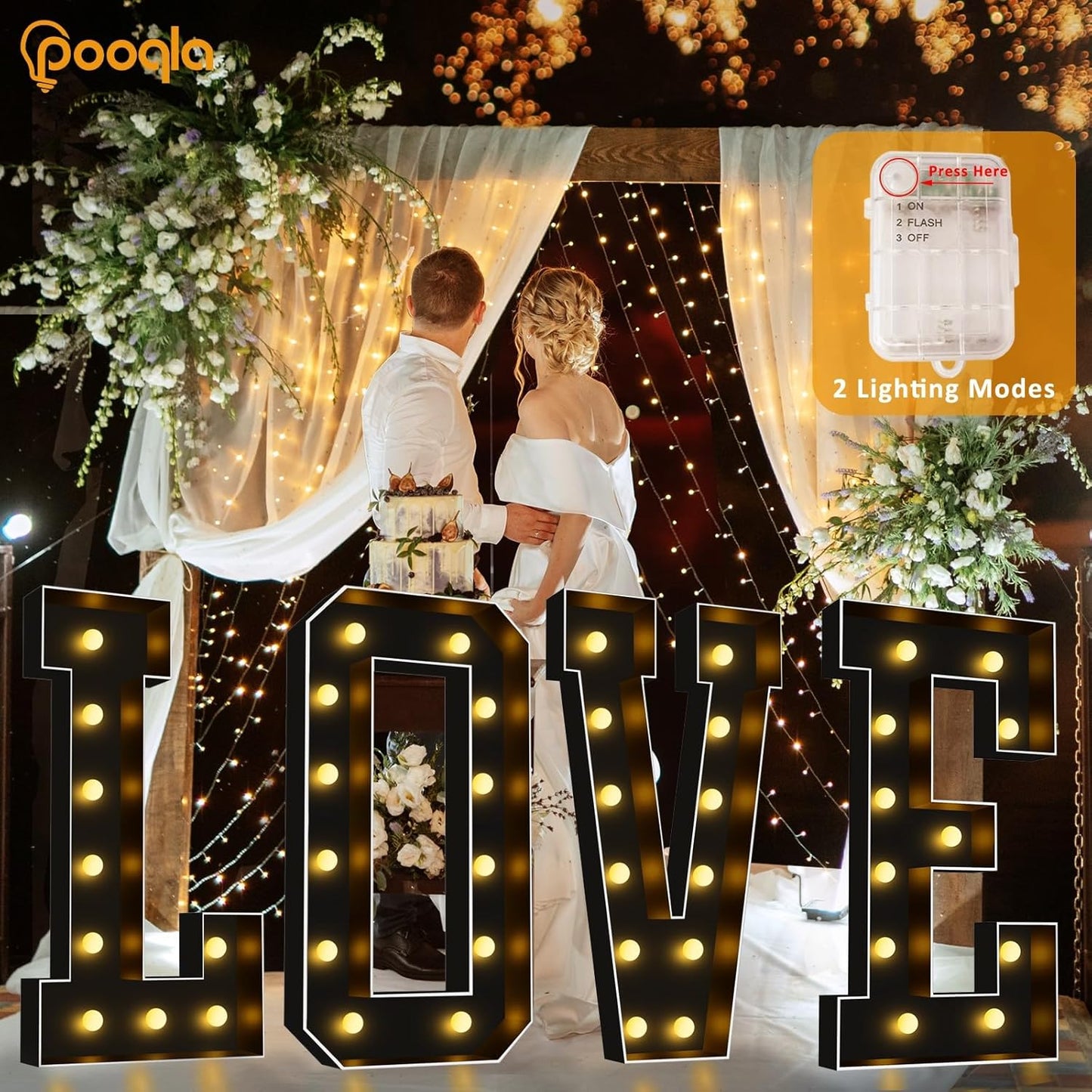 Pooqla 4 FT Marquee Light Up Letters, Black Marquee Letter Lights 4 Feet Tall for Birthday Decoration, Big Mosaic Letters Sign for Balloons Party Anniversary Wedding Decorations, Giant Warm White T