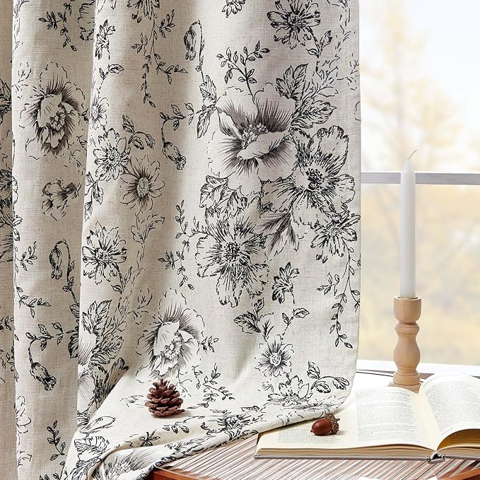 jinchan Black Floral Linen Blackout Curtains 84 Inch Back Tab 2 Panels | - Image 3