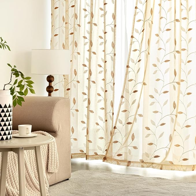 MIULEE Beige Sheer Curtains 2 Panels Embroidered Leaf Patterned, W52 x L45 | - Image 3