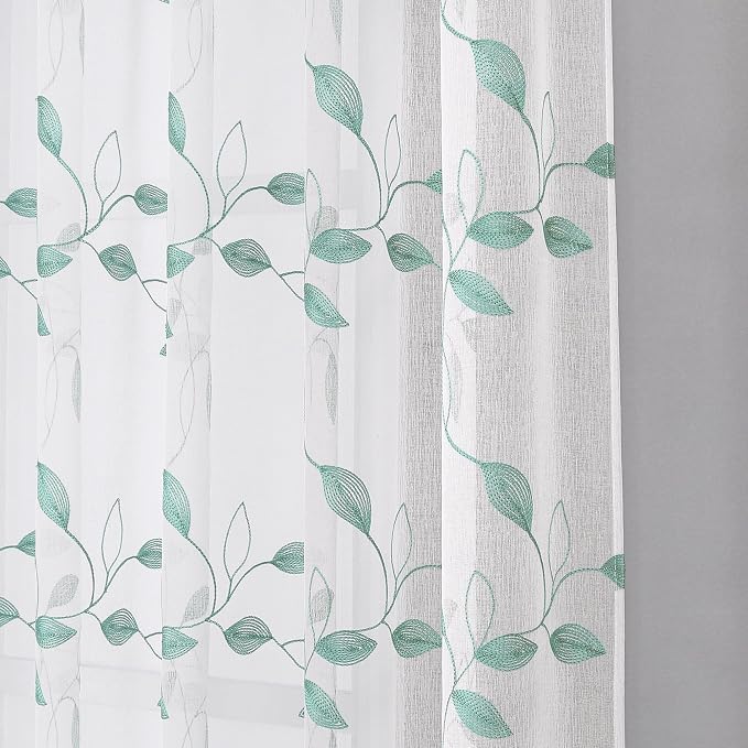 Tollpiz Teal Blue Leaf Sheer Curtains Living Room 54 x 63 Inches | Leaves - Image 8