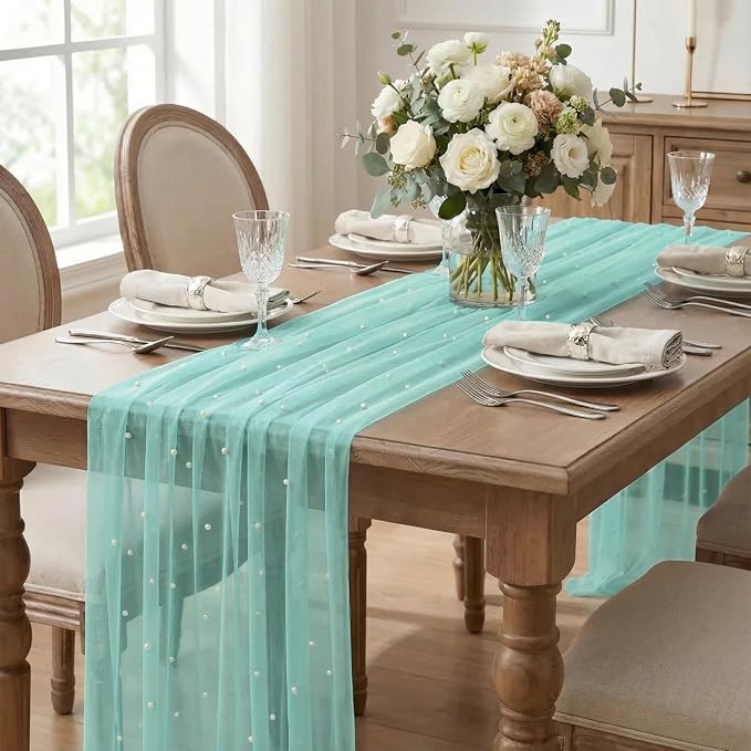 Artoid Mode 6PCS Pearl Turquoise Gauze Table Runner 120 Inch 10FT, Seasonal - Image 5