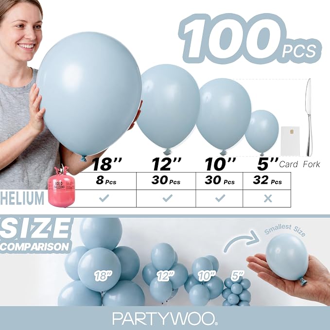 PartyWoo Dusty Blue Balloons 100pcs Light Blue Aqua Boho Color | 18 12 10 5 - Image 6