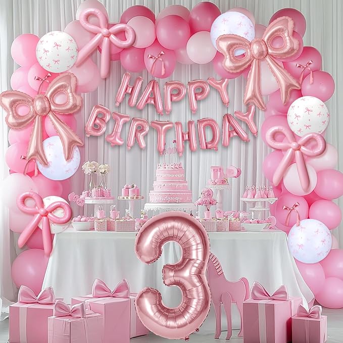 Bow Number 3 Birthday Balloons, Coquette Party Decorations Supplies - Image 4