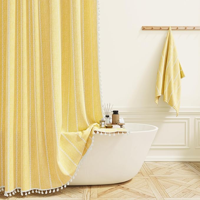 Small Boho Linen Heavy Duty Cloth Shower Curtain Set, 330GSM Linen Blend by ShowerCurtain