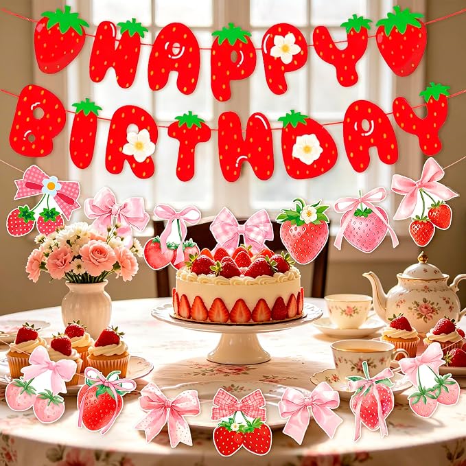 MEETINGU Strawberry Happy Birthday Banner and Bow Theme Strawberry Banner - Image 4