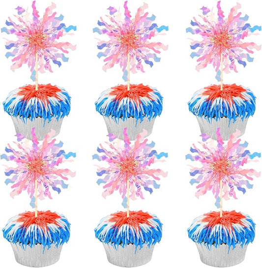 30 PCS Foil Firework Cupcake Toppers Sparkle Tinsel Cupcake Picks Happy by ZHUOWEISM