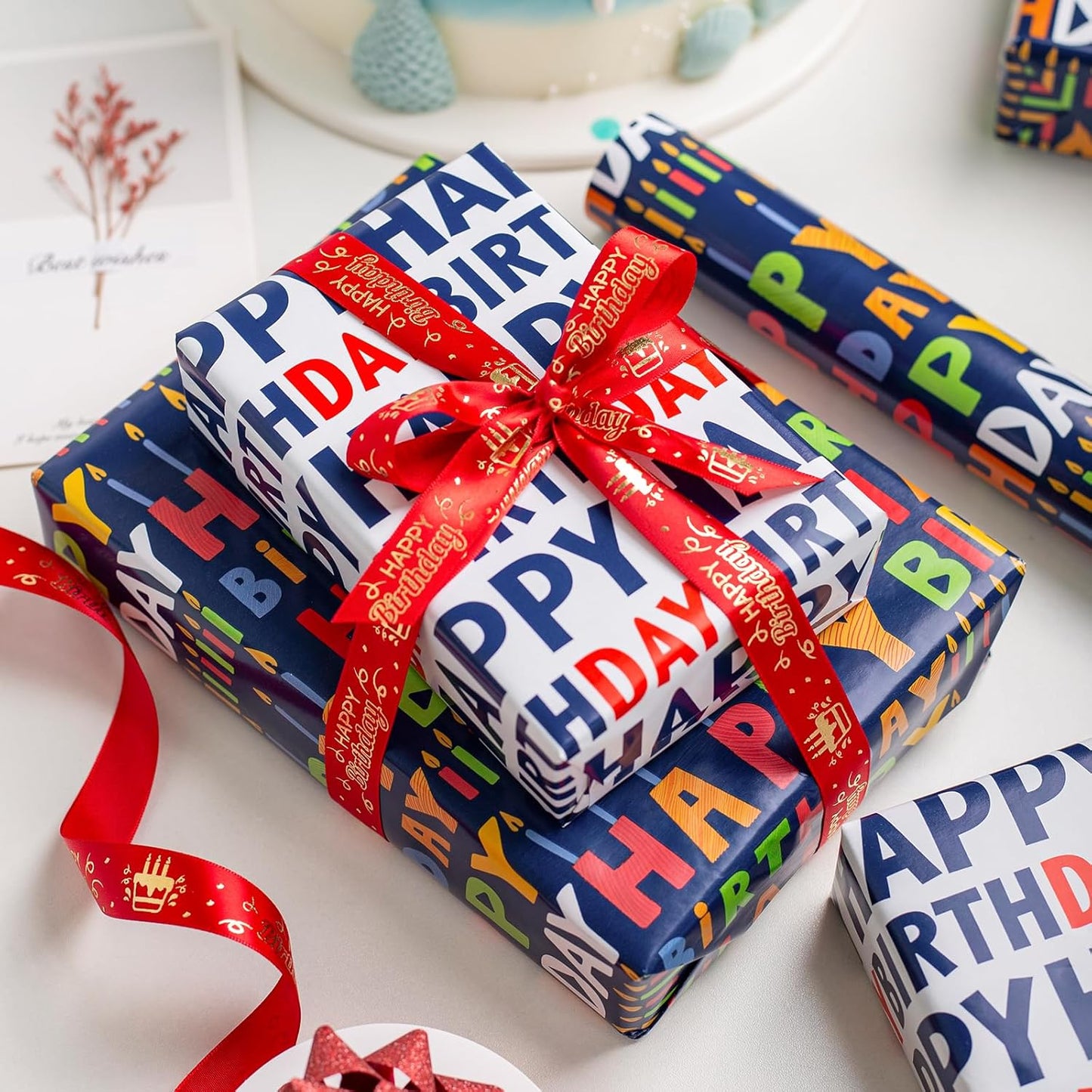 Yarcony Reversible Birthday Wrapping Paper Roll - 17 Inch X 16.5 Ft(23.4 Sq.Ft.Ttl) - Creative Colorful Happy Birthday Lettering & Candle Navy Blue Gift Wrap for Party, Baby Shower & Holiday
