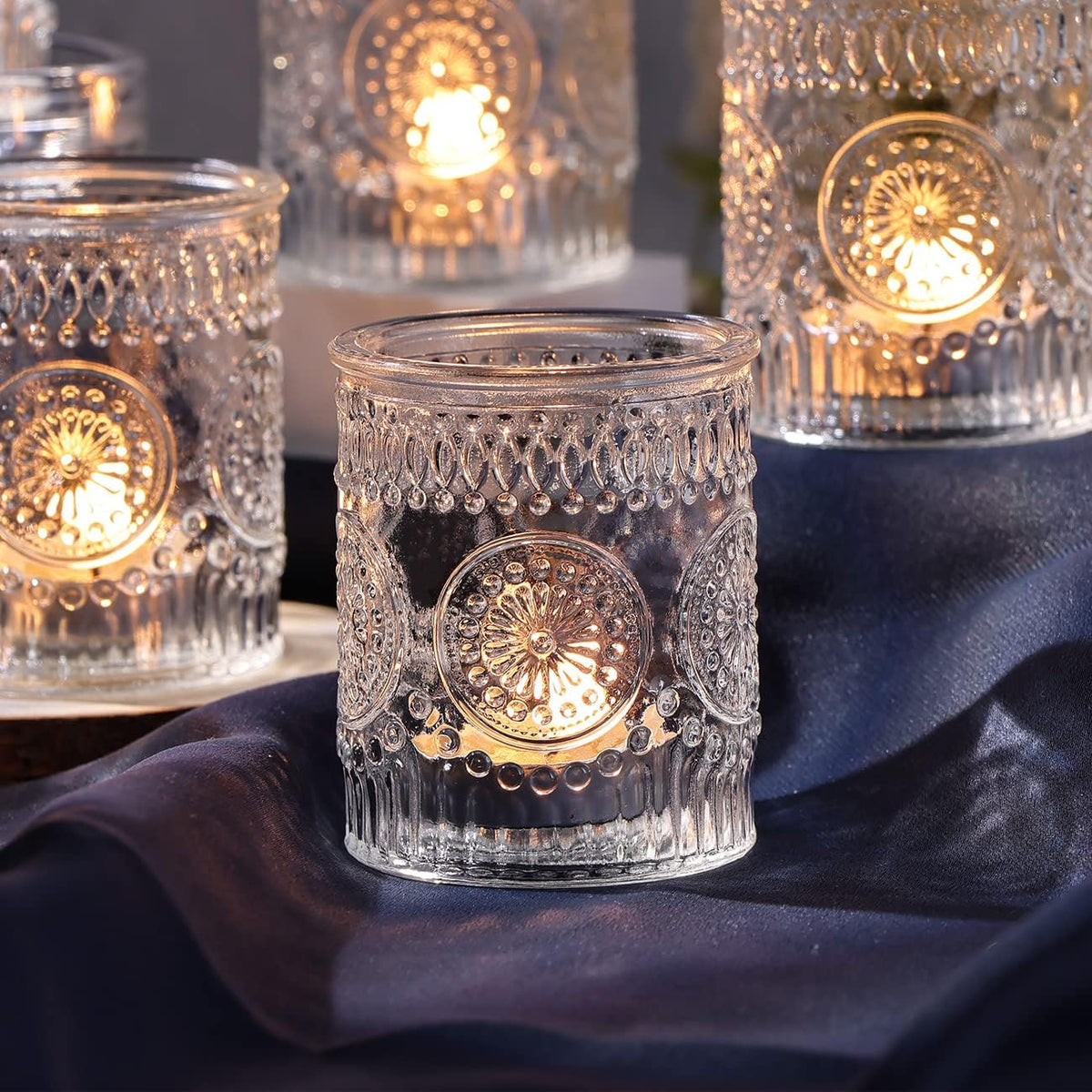 DARJEN Clear Votive Candle Holders Set of 36- Glass Candle Holders Bulk for Tea Light Candle, Embossed Candle Votives for Wedding Centerpiece, Living Room & Home Table Decor
