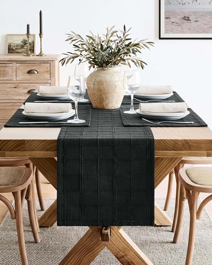 Linen Checked Farmhouse Table Runner, 13x90 Inches Black | Raised Grid Design - Image 2