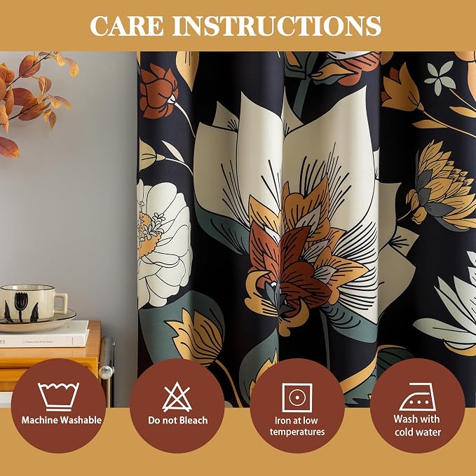 Tyrot Black Boho Floral Blackout Curtains - Image 7