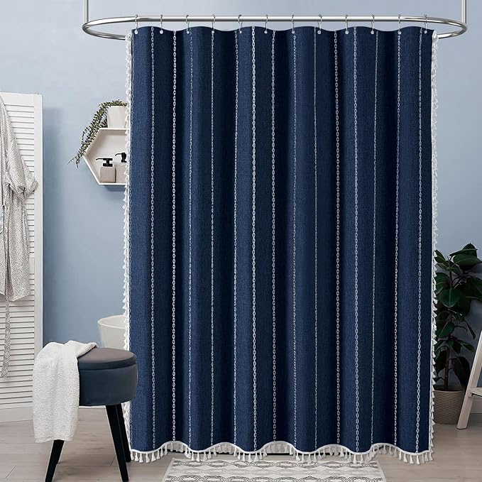 White Boho Farmhouse Linen Heavy Duty Cloth Shower Curtain Set, 72x72 | 330GSM - Image 2