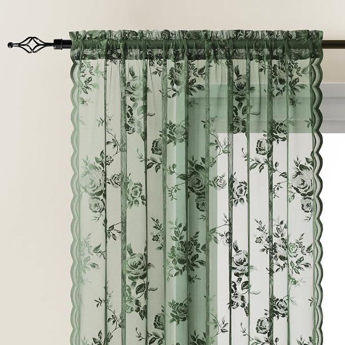 Leaf Green Lace Curtains 90 Inch Length 2 Panels set Victorian Floral Sheer - Image 3