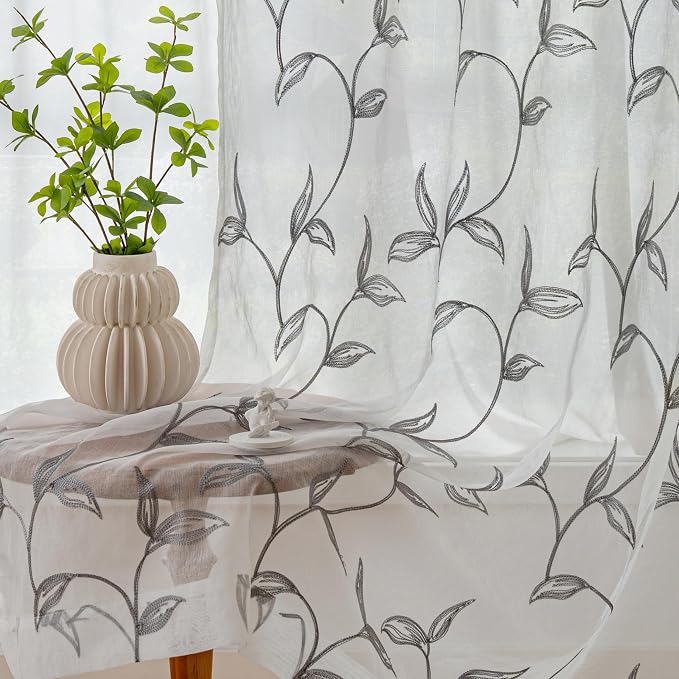 Sheer Curtains Boho Leaf Floral Embroidered Grey 54Wx90L | Light Filtering Semi by VISIONTEX