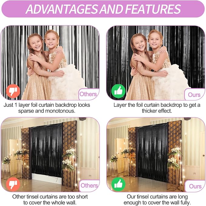 Crosize 2 Pack 3.3 x 9.9 ft Black Foil Fringe Backdrop Curtain, Streamer - Image 3
