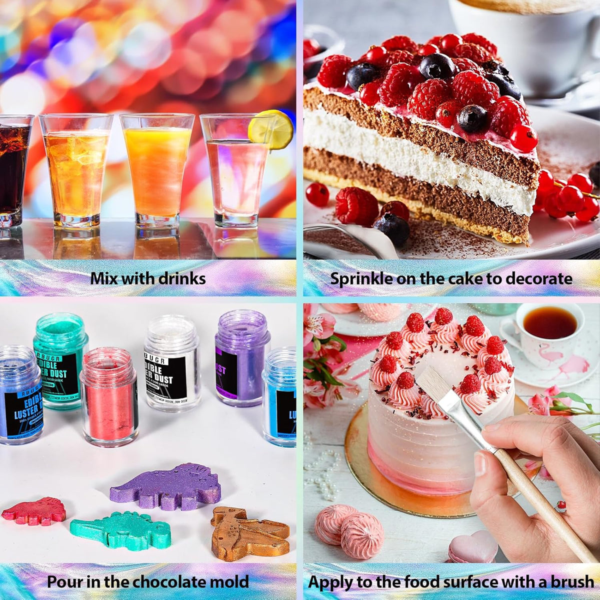 RBUGR Luster Dust Edible, 12 Colors Edible Glitter Pack, Cocktail Food Glitter Edible Dust, Vegan Edible Shimmer, Drink Powder for Cakes Cookies Chocolates Baking（4g/0.14oz）
