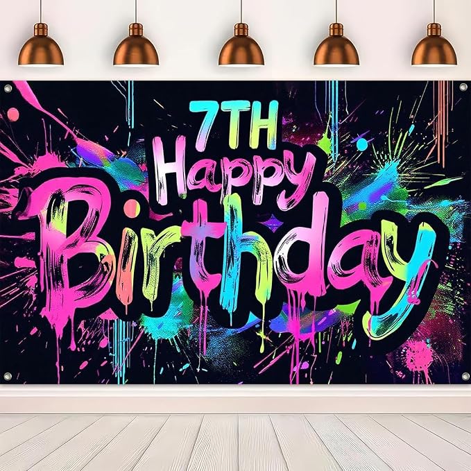 HOMETITUTE Happy 7th Birthday Decorations Banner 71x43 Inch | Neon Birthday - Image 5