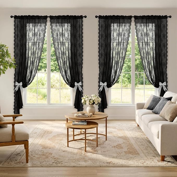 MIULEE Black Floral Lace Curtains 2 Panels, Gothic Vintage Rod Pocket Window - Image 2