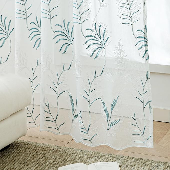 White Sheer Curtains Blue Embroidered Leaf 2 Panels 84 Inches | Light Filtering - Image 5