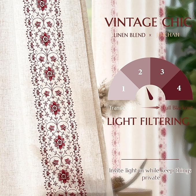 jinchan Floral Linen Curtains Embroidered Back Tab 50x96in 2 Panels Red | Light - Image 6