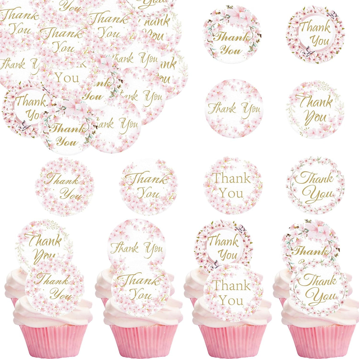 36PCS Edible Cherry Blossoms Thank You Cupcake Toppers Pink Edible Cherry Flowers Cake Decor Wafer Paper Thank You Cupcake Topper for Flowers Theme Baby Shower Birthday Party Decor Supplies