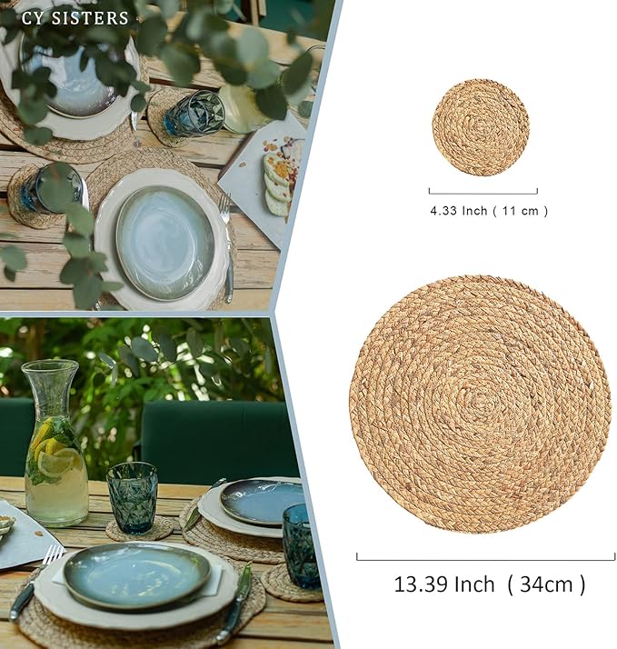 Round Woven Placemats Set of 4, Natural Water Hyacinth Place mats, 13.5 Inch - Image 4