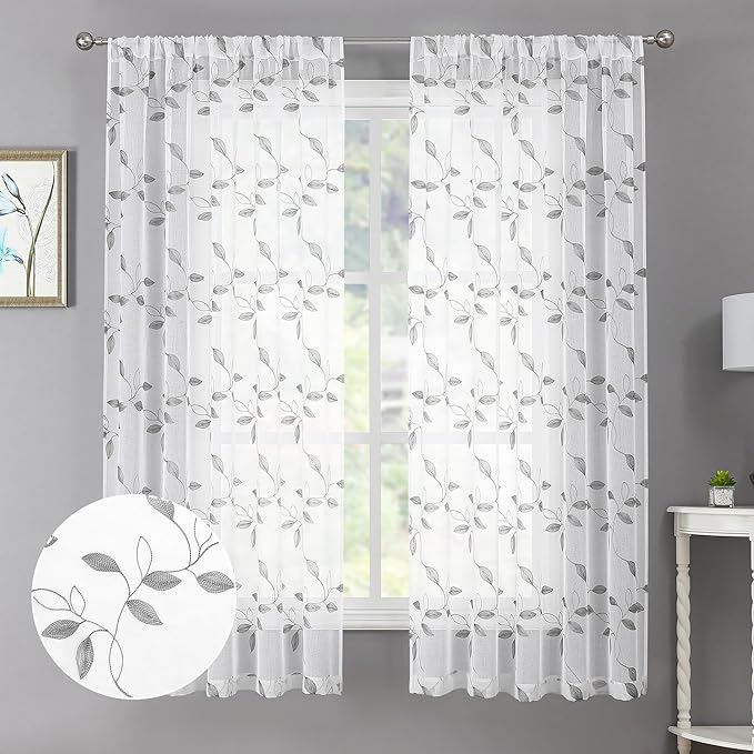 Tollpiz Grey Leaf Sheer Curtain Bedroom 38 x 63 Inches | Leaves Embroidered by Tollpiz