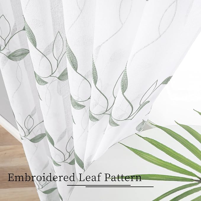 Tollpiz Sage Green Leaf Sheer Curtains Living Room Short 54 x 45 Inches | - Image 3