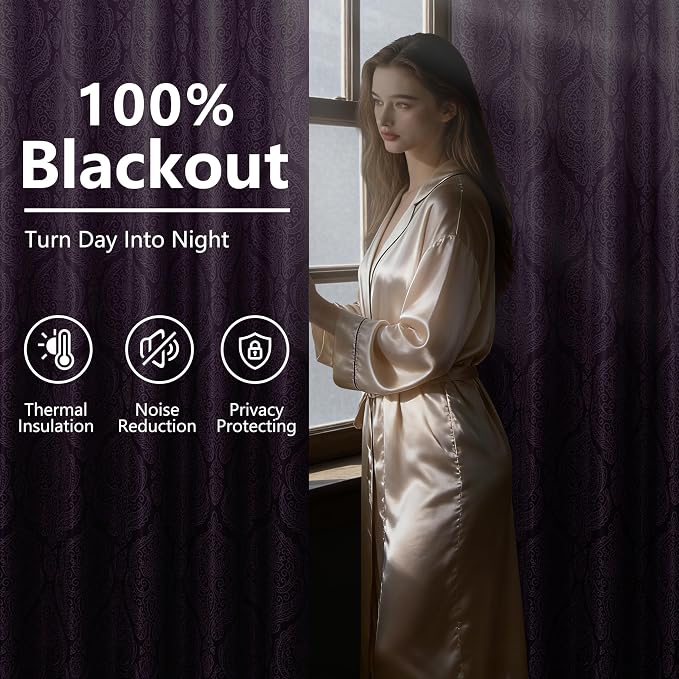 DWCN 100% Blackout Curtains for Bedroom 96 Inch Long-Damask Patterned Ombre - Image 5