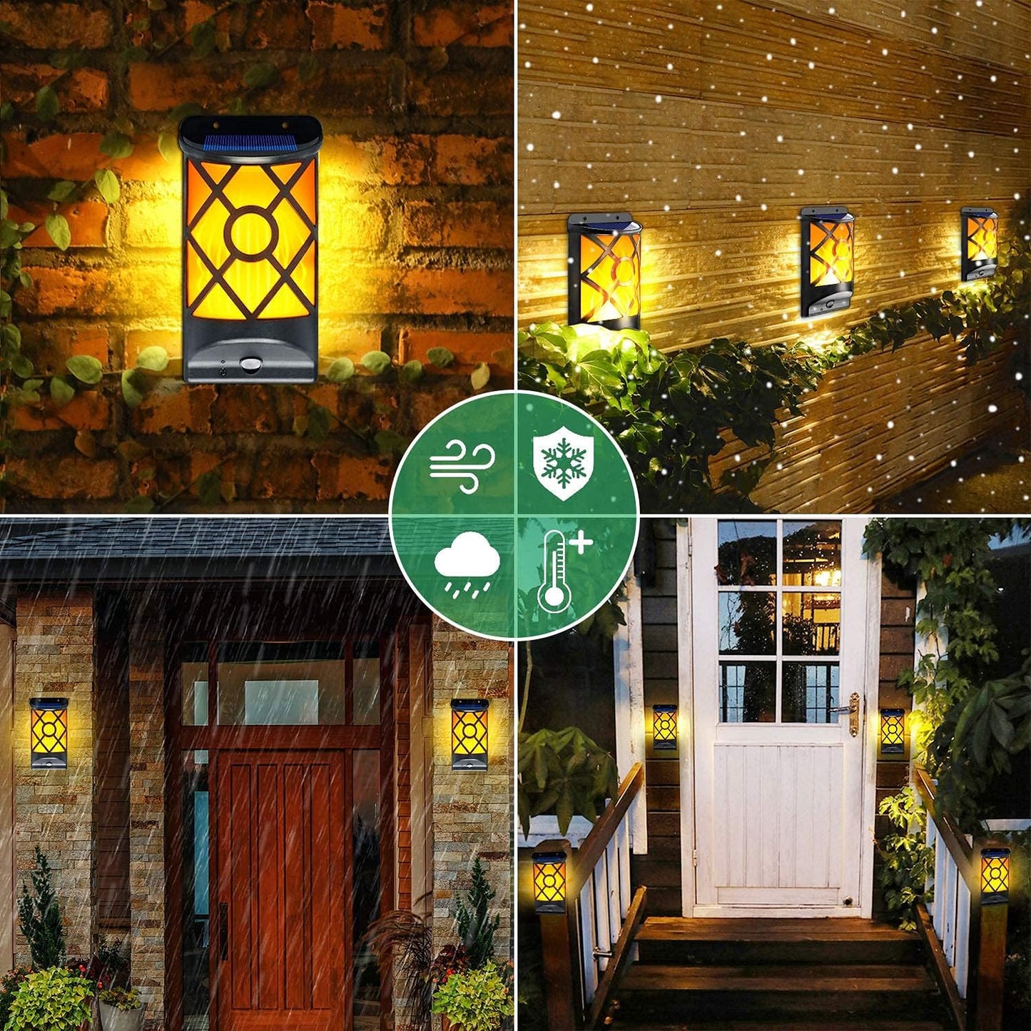 Solar Flame Lights Outdoor, Realistic 3D Flickering Flames with 66 Ultra-Bright LEDs - Waterproof Wall Mount Lanterns for Deck, Fence, Patio, Garden, Auto On/Off (4-Pack Value Set)