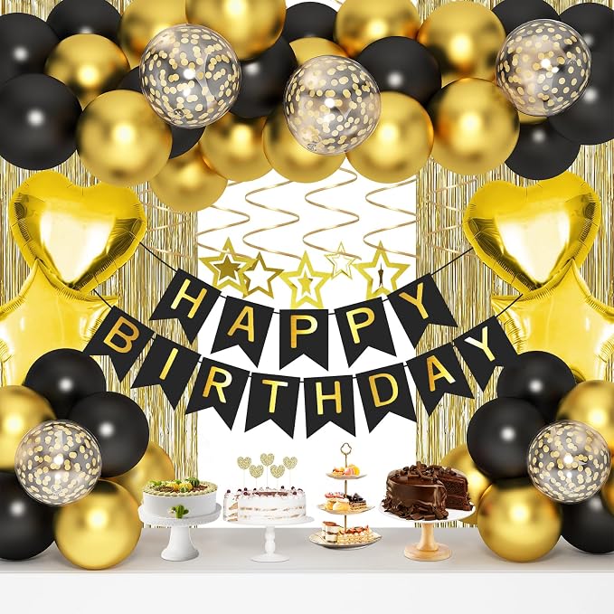 Black Gold Birthday Decorations, Hanging Swirls, Cake Toppers by HGH