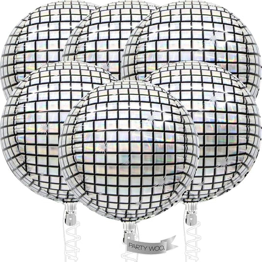 PartyWoo Silver Disco Ball Large Giant 4D Jumbo Foil Balloons 6pcs 32 Inch | 32 by PartyWoo