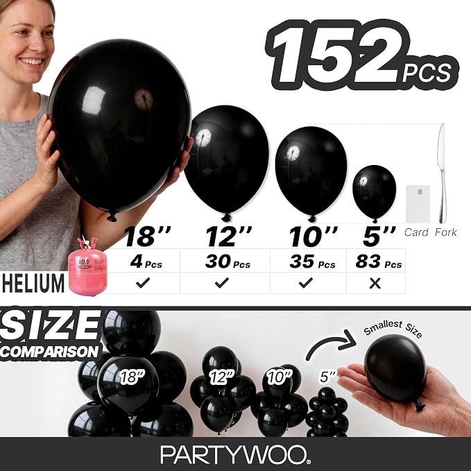 PartyWoo Black Balloons 152pcs Different Sizes of 18 12 10 5 Inch | Balloons - Image 6