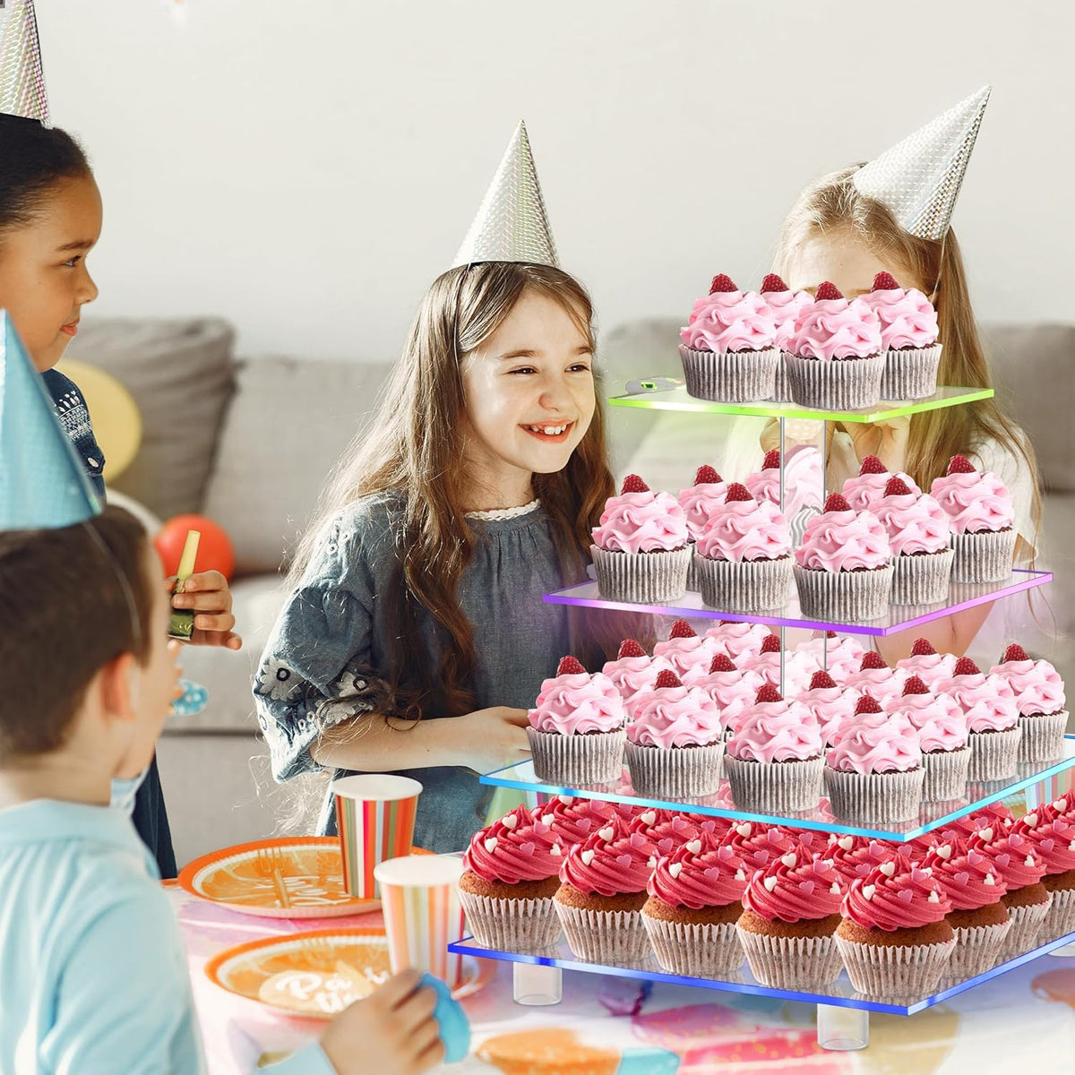 Rechargeable LED Cupcake Stand for 50 Cupcakes, 7 Colors Light Clear Cupcake Holder, 4 Tier Cupcake Tower, Acrylic Dessert Table Display Set for Weddings, Christmas, Birthday, Parties