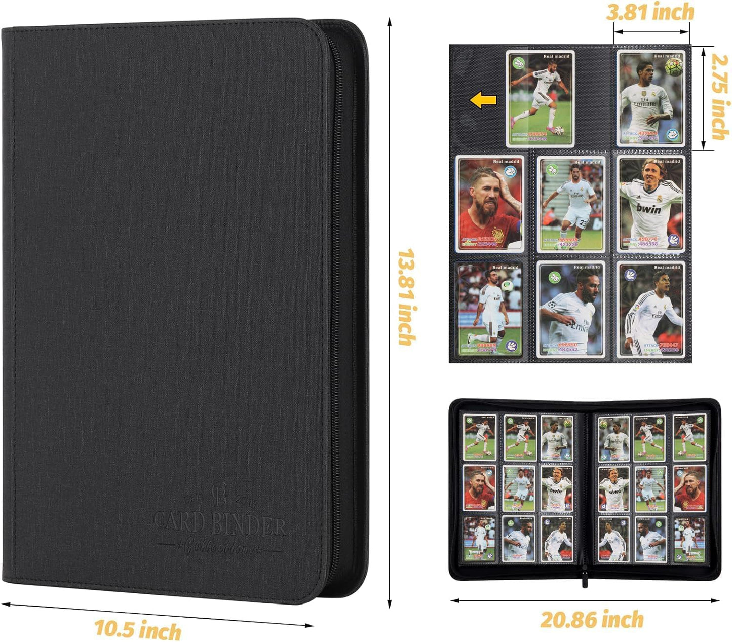 9 Pocket Card Binder, Premium Zip Trading Card Binder, 540 Double Sided Pocket PU Collection Binder, Collector Album, Card Folder for MTG, TCG, Sports Cards (Black)