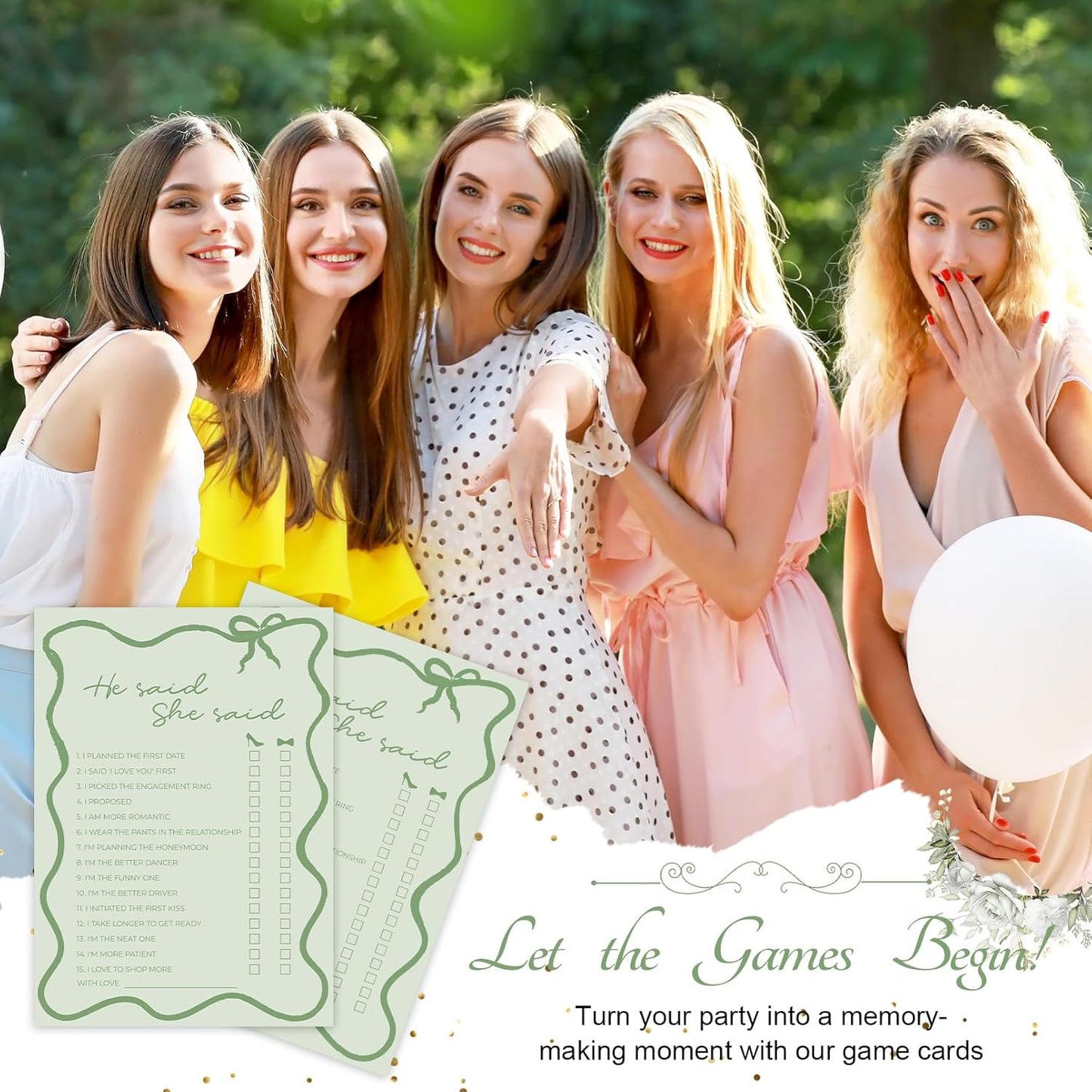 DEEKA 30 PCS Bridal Shower Games Card for 30 Guests Sage Green Wavy Border Ribbon Bow Funny Wedding Bachelorette Party Games for Reception (He Said She Said)