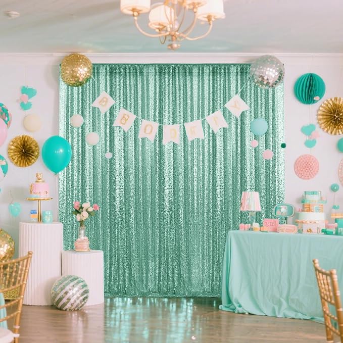 2×8FT-2PCS Mint Green Sequin Backdrop Curtains Panels, Photography Backdrop - Image 2
