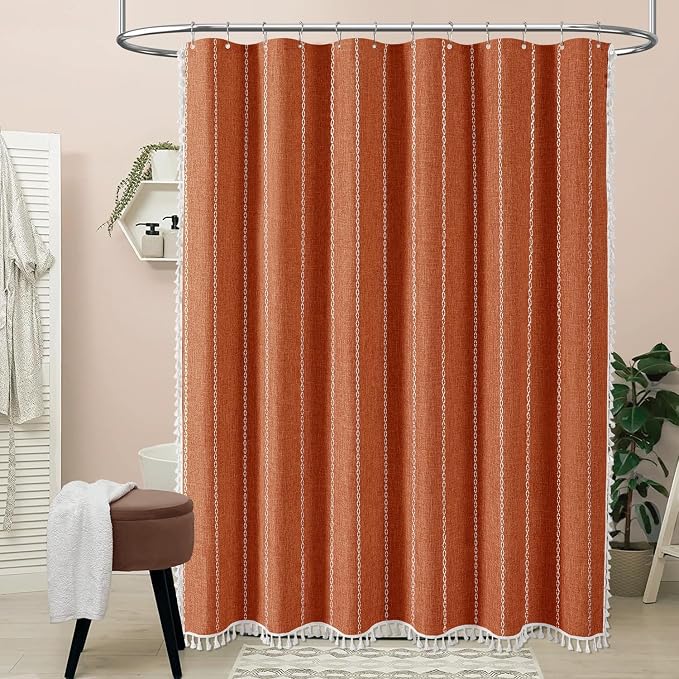 54 x 72 Boho Linen Heavy Duty Cloth Shower Curtain Set, Burnt Orange | Small - Image 6