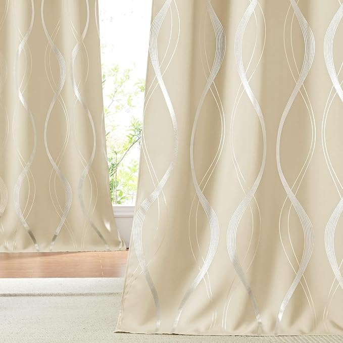 NICETOWN Blackout Curtains 90" Long 2 Panels, Biscotti Beige, Foil Printed Wave - Image 3