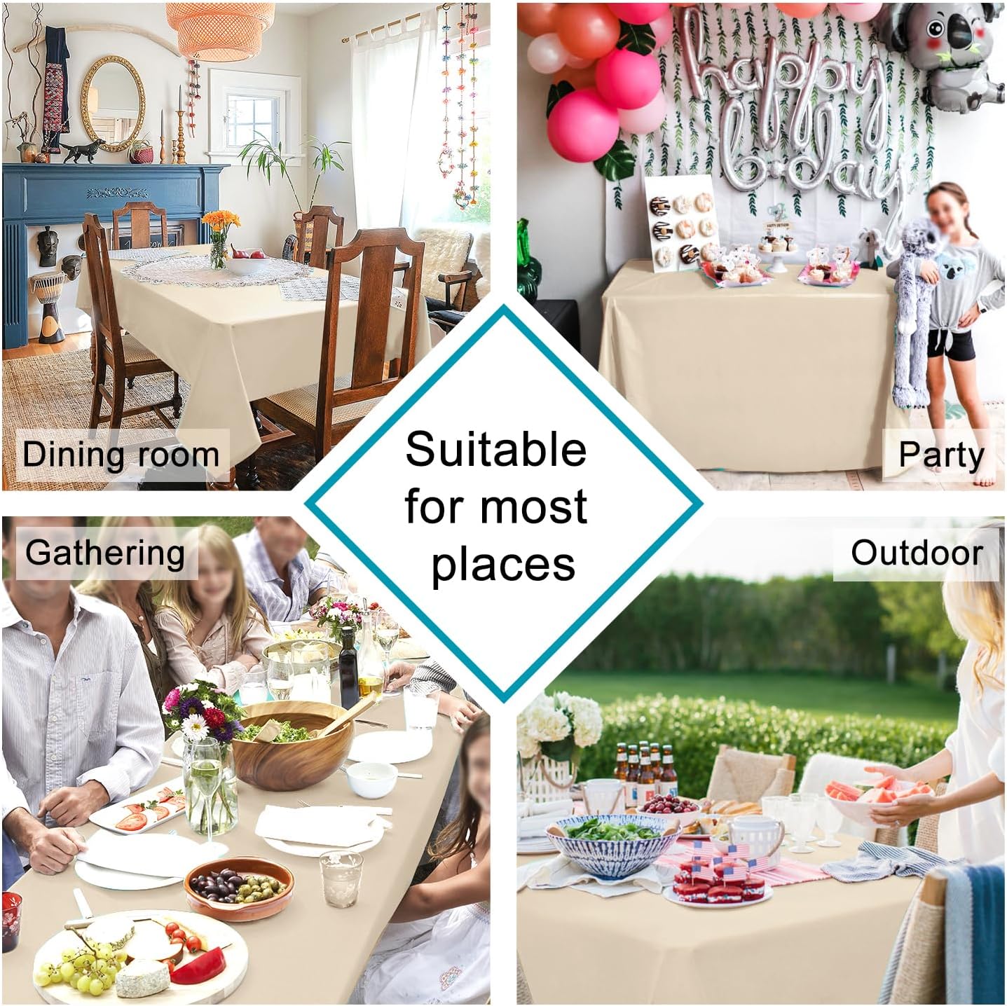 Hiasan Waterproof Tablecloth Rectangle - Washable Fabric Table Cloth for Dining Room Kitchen Birthday Party and Outdoor Use, Beige, 54 x 120 Inch