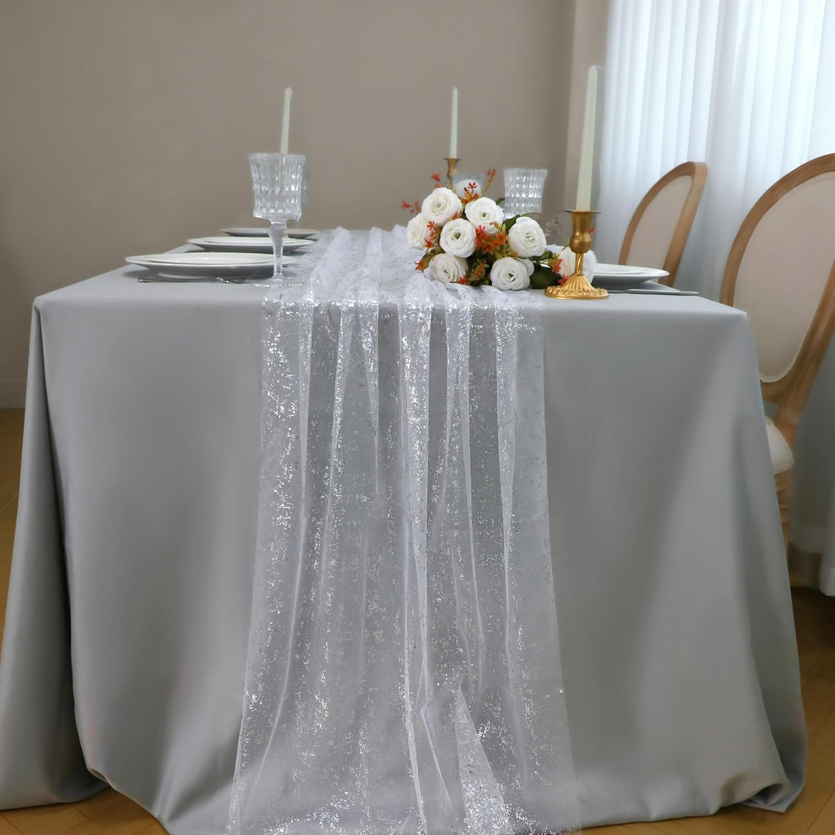 Snowkingdom 3 Pcs 10 FT Silver Cheesecloth Table Runner, 120 Inch Sheer Chiffon Gauze Runner, Sequin Glitter Silver Table Decoration Centerpieces for Wedding Birthday Christmas Bridal Baby Shower