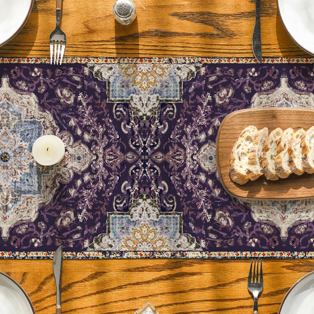 Artoid Mode Boho Bohemia Style Purple Table Runner, Country Rustic Farmhouse Magical Mardi Gras Kitchen Dining Table Decoration for Home Party Decor 13x72 Inch