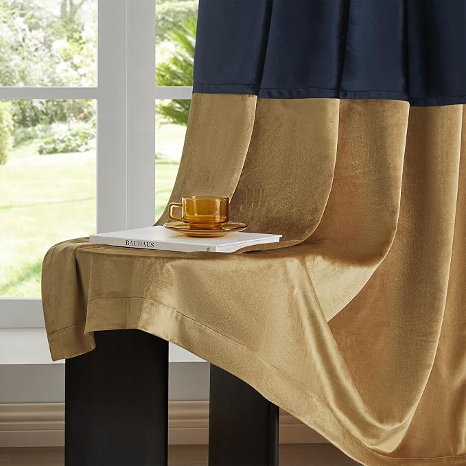 Navy Gold Velvet Blackout Curtains Luxury Decor 84 inches, Color Block | Living - Image 5
