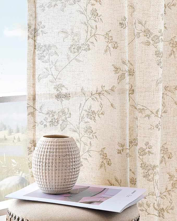 jinchan Taupe Floral Linen Curtains 63 Inch Farmhouse Back Tab 2 Panels | - Image 5